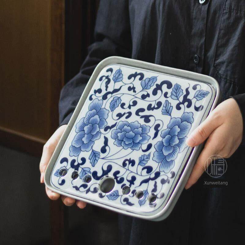 青花禅莲方形茶盘｜陶瓷家用覆古风壶承小号储水式干泡盘茶台茶托