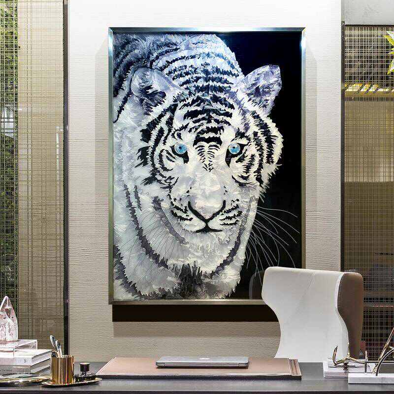 纯手工珐琅彩装饰画玄关过道定制竖版办公室墙画动物黑白老虎挂画图片