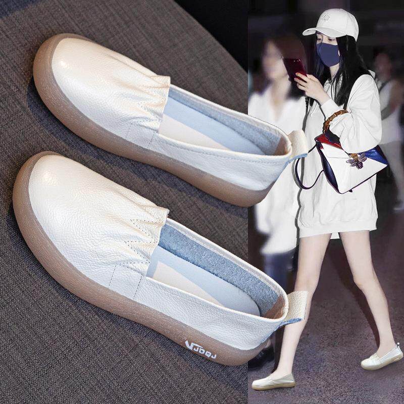 小白鞋女2025春秋新款头层牛皮软底孕妇护士鞋一脚蹬浅口乐福女鞋
