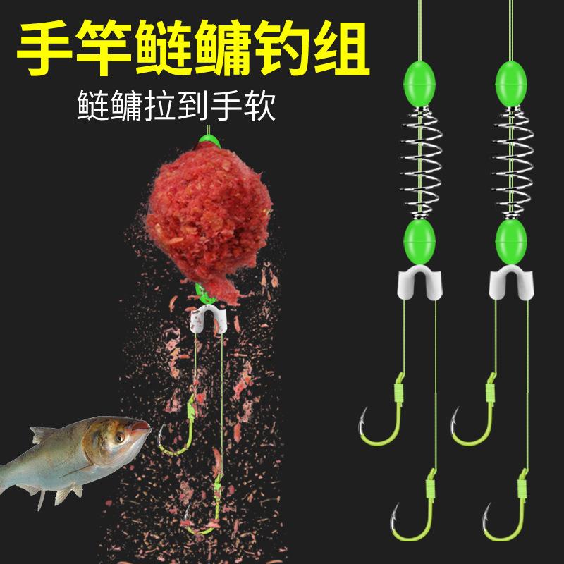 手竿弹簧鲢鳙钓组双钩防缠绕线组伊势尼鱼钩大力马线荧光鲢鳙钩