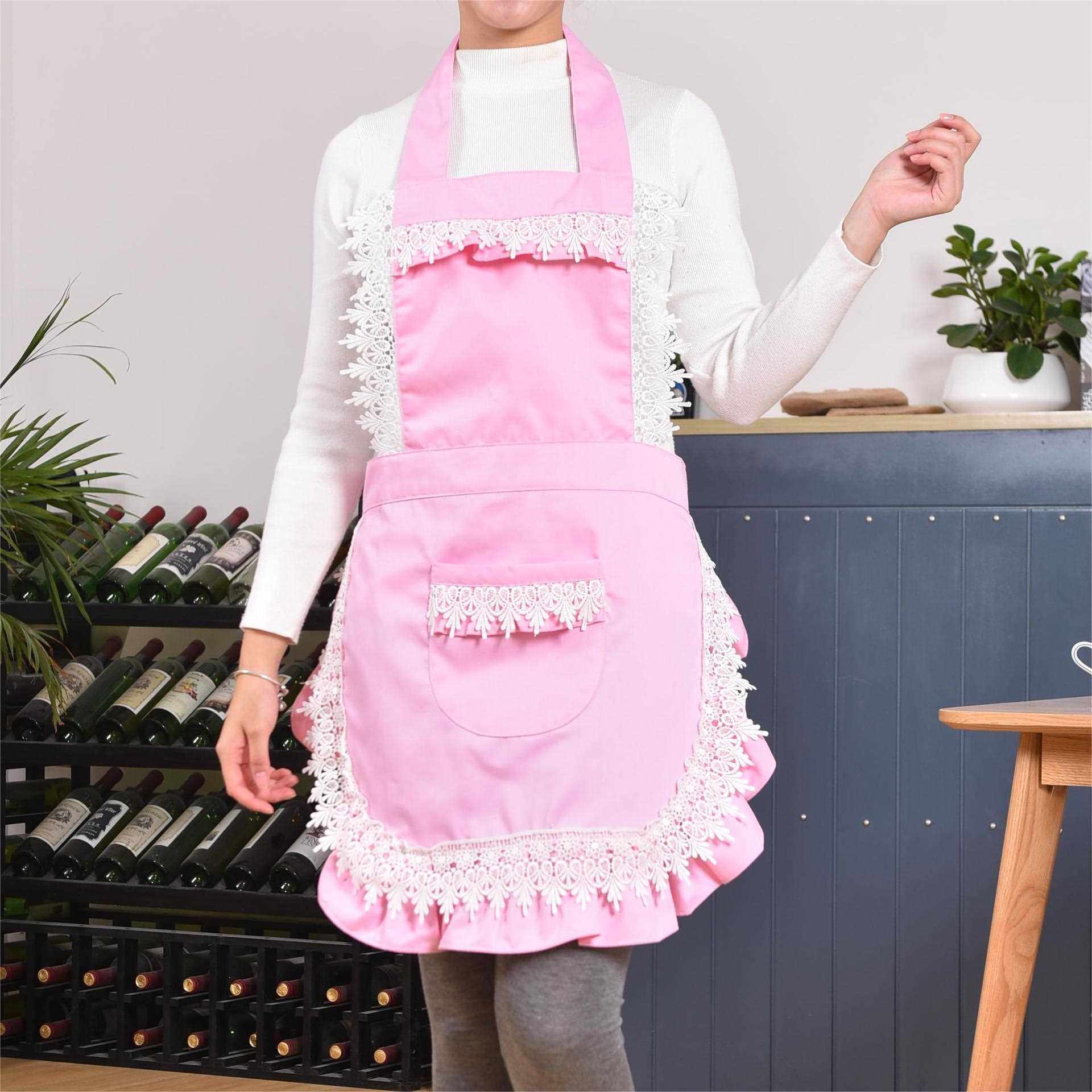 新款直销直供厨房家用围裙女士韩版纯色工作服奶茶店花边餐厅围腰