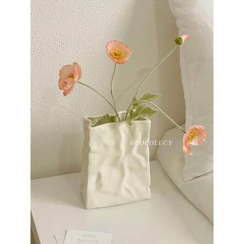 奶油风陶瓷褶皱纸袋花瓶摆件客厅插花餐桌干花小众感装饰品
