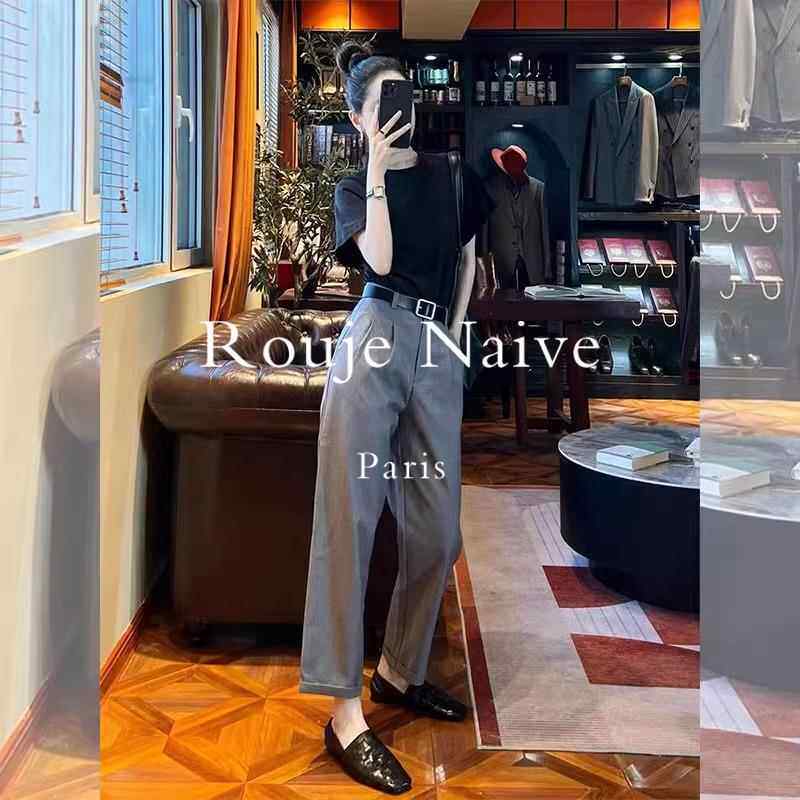 Rouje Naive灰色裤子女2025新款春夏薄款九分阔腿裤小个子西装裤