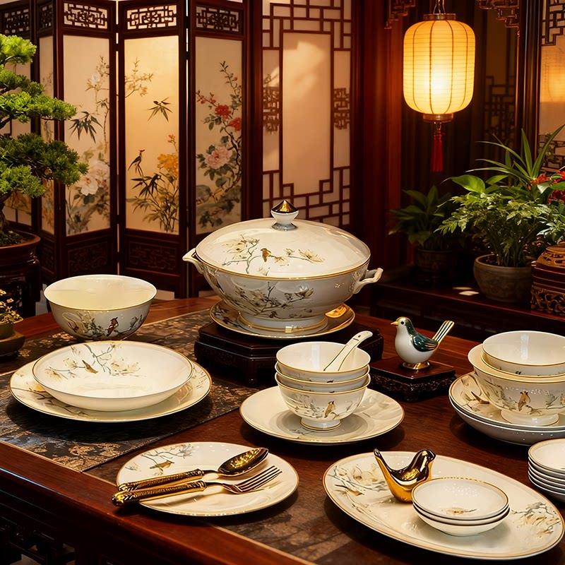 碗碟套装家用轻奢骨瓷餐具景德镇碗盘组合乔迁碗筷盘子陶瓷器礼品