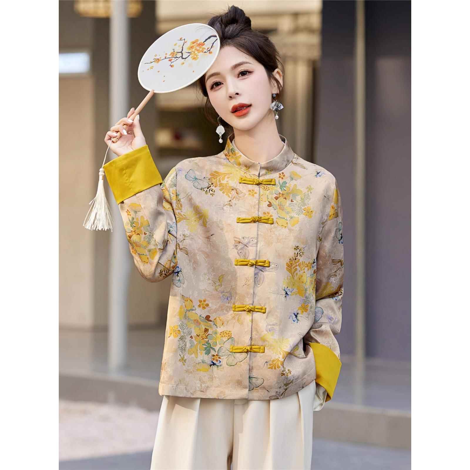 新中式国风覆古盘扣立领外套女2025春秋新款别致黄色提花唐装上衣
