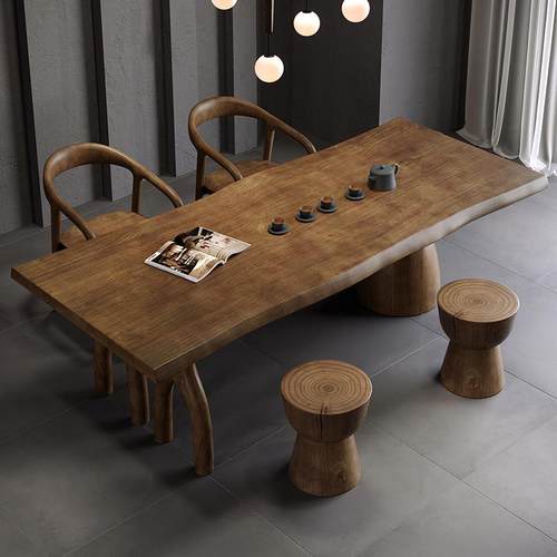 复古实木茶桌 办公室大板不规则泡茶桌椅组合原木长方桌茶桌茶台