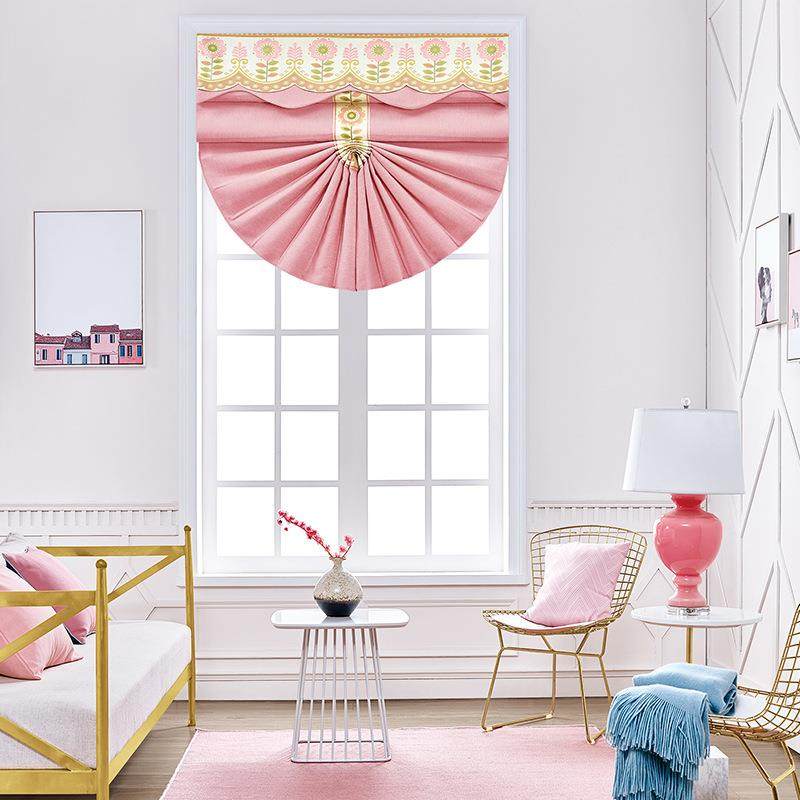 扇形窗帘提拉飘窗成品粉色条纹简约现代新款手动升降罗马帘百叶帘