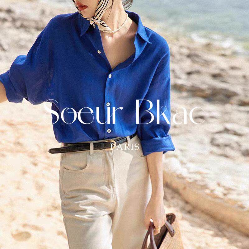 法国SOEUR BKAC法式高级感克莱因蓝棉麻高端POLO领衬衫女春季衬衣