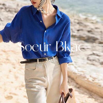 法国SOEUR BKAC法式高级感克莱因蓝棉麻高端POLO领衬衫女春季衬衣
