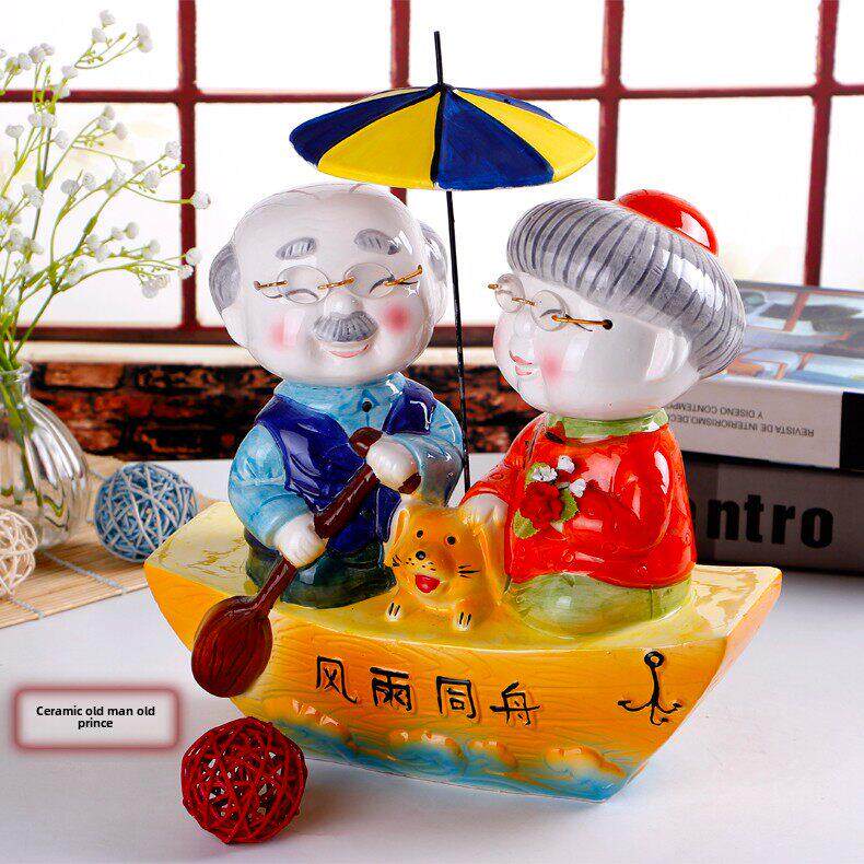 创意老头老太摆件风雨同舟公婆陶瓷存钱罐摆件生日礼物家居包邮