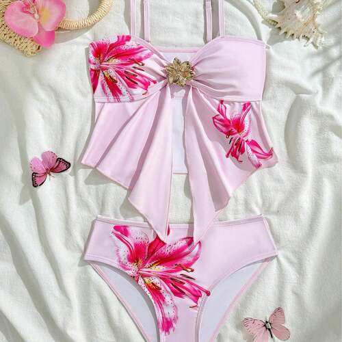 Women'S Strapless Floral Print Bikini With Large Floral