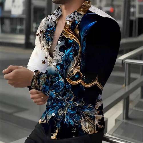 Men's Casual Button Collared Long-Sleeve Shirt Polyester