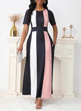 Women'S Patchwork Pocket Round Neck A Line Dress, Elegant