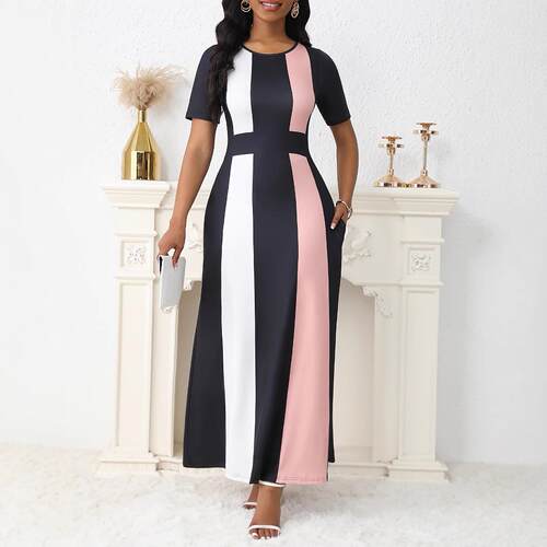 Women'S Patchwork Pocket Round Neck A Line Dress, Elegant
