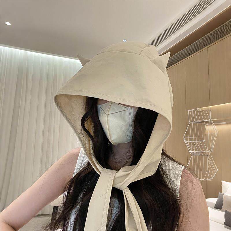 小恶魔防晒帽可爱全遮阳帽女士绑带遮阳帽头巾帽包头帽抗UV夏