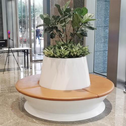 玻璃钢树池坐凳商场公共区域花盆座椅木纹面花坛休闲排椅户外商用