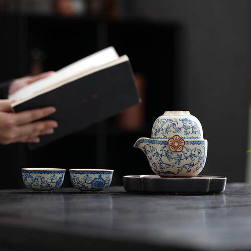中式国风旅行茶具汝窑青花快客杯便携式功夫泡茶器小套装一壶三杯