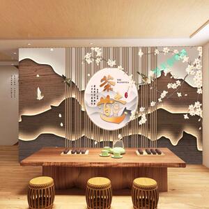 新中式格栅茶室客厅竹木纤维背景墙纸山水花鸟艺术中医按摩采耳店