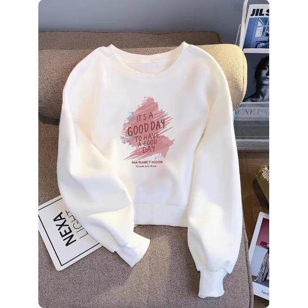 专柜白色圆领套头短款卫衣女2025春秋薄款小个子韩版宽松长袖上衣