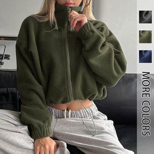 Women's Solid Color Drawstring Drop Shoulder Zip Up Zipper