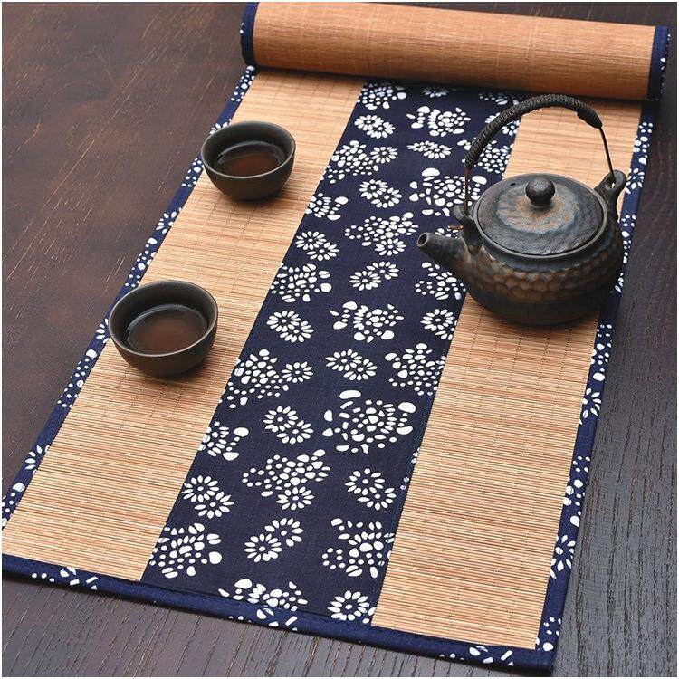 蓝花布茶席四周包边桌旗棉麻竹席茶帘六君子隔热垫茶干泡垫茶盘垫