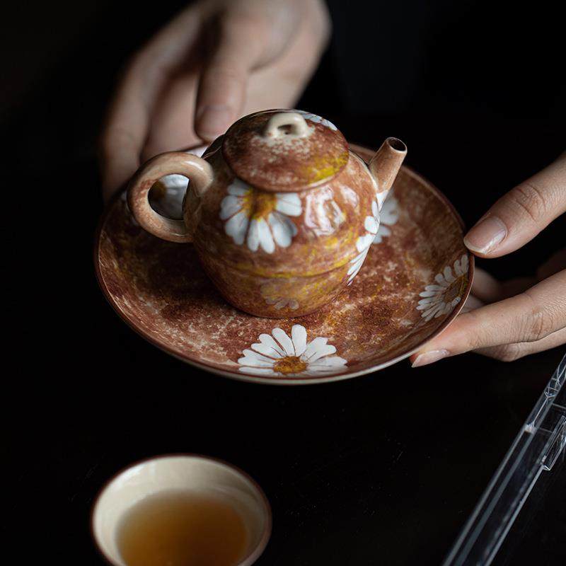 弥绘言纯手工粗陶泡茶壶釉下手雏菊茶单壶ODB带过壶滤薄彩胎复古