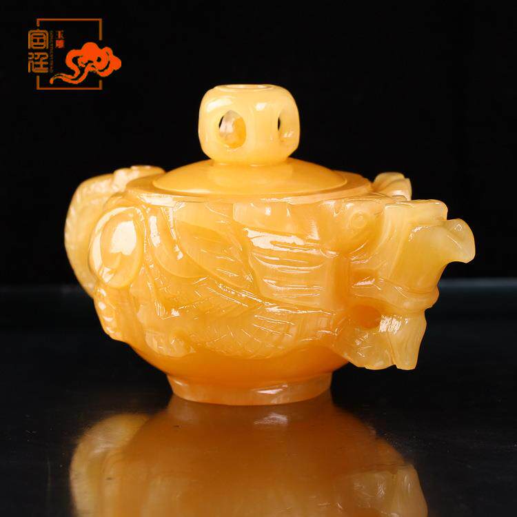 源头厂家专业玉雕工艺品 米黄玉龙茶壶桌面摆件