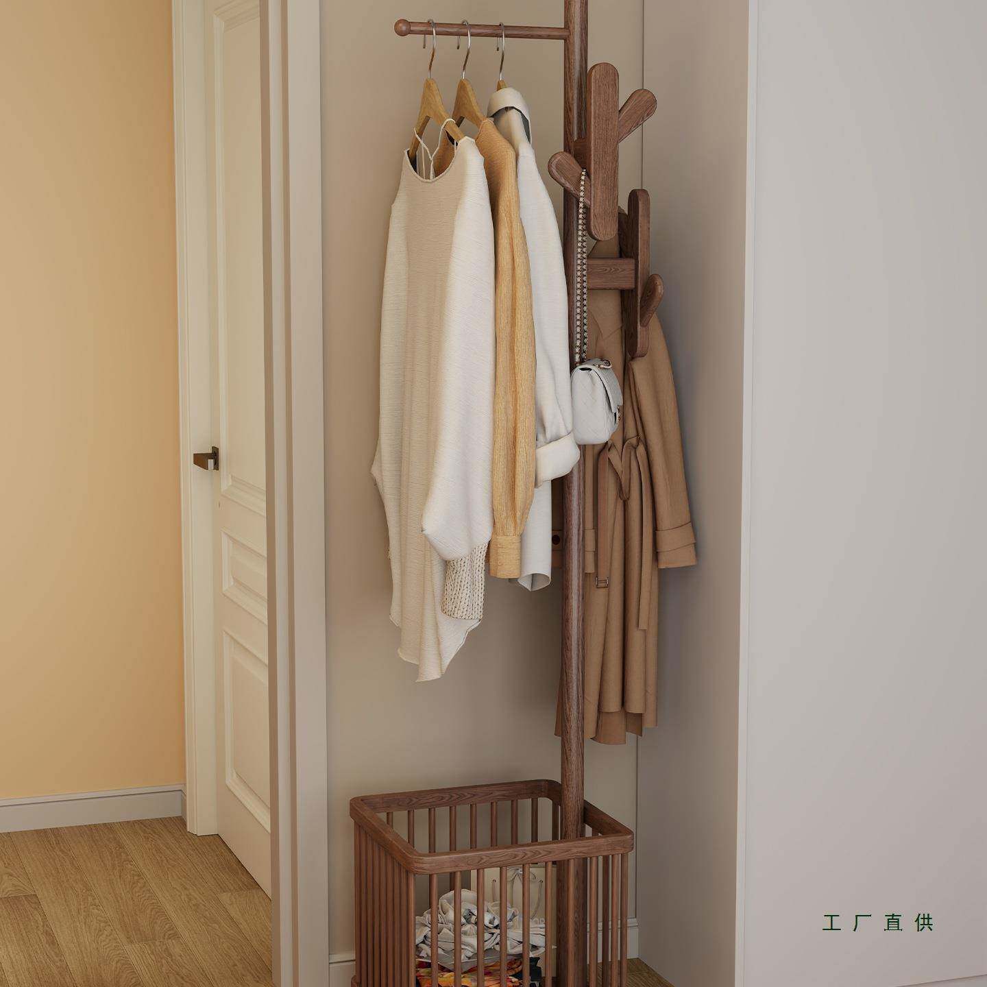 实木衣架落地衣帽架卧室可移动家用房间脏衣篓挂衣架多功能挂包架