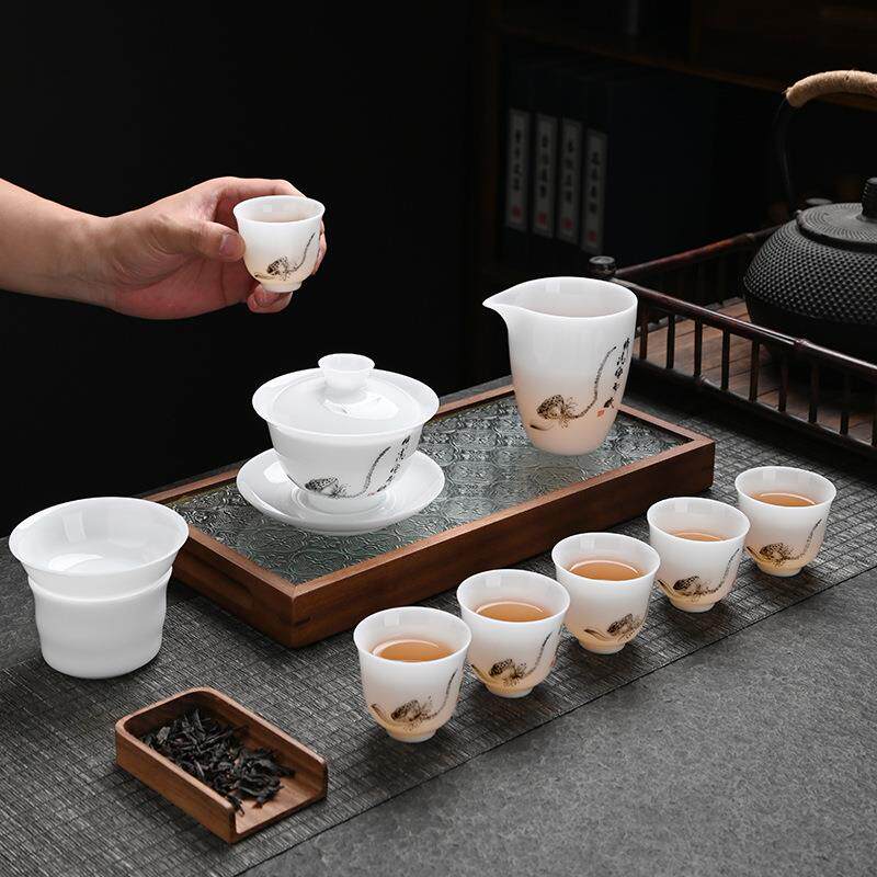 羊脂玉白瓷功夫茶具套装薄胎冰种玉瓷盖碗茶杯手绘水墨荷花杯家用