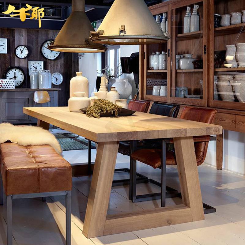 北欧loft实木长方形桌子复古奶茶店咖啡厅实木长桌椅餐厅酒店餐桌