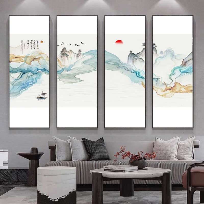 新中式餐厅装饰画酒店客厅沙发背景墙壁画办公室茶室挂画四联画