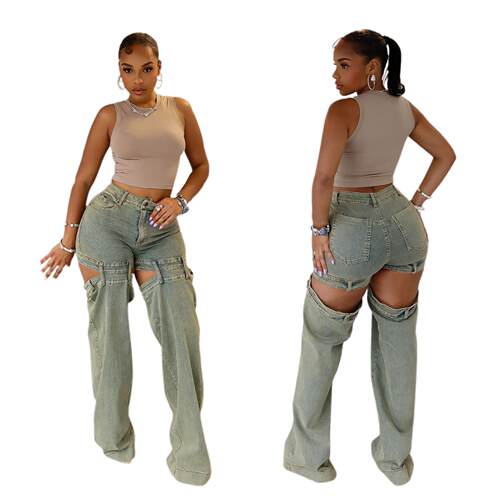 Women's straight leg women's hollowed out jeans