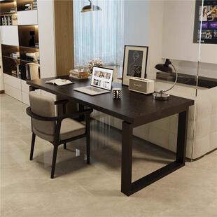 严选全实木客厅大长书桌横厅沙发后长条桌黑色大板桌学习原木桌子