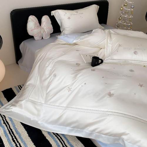 夏季双面莱赛尔天丝四件套冰丝凉感轻奢华简约法式奶油床单被套