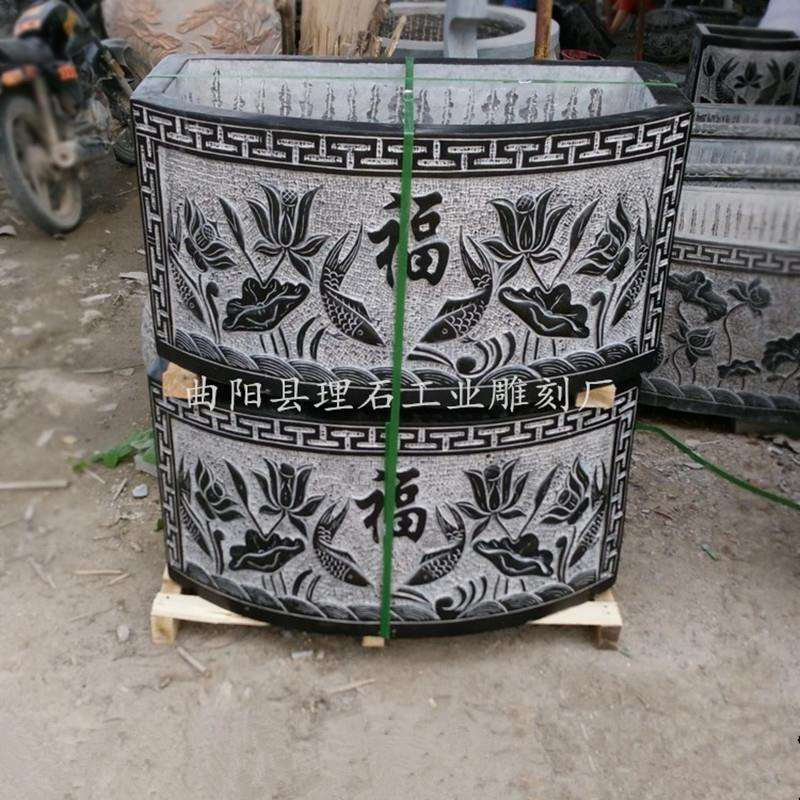 石雕壁盆青石仿古壁盆复古大理石鱼缸半圆形扇形石头养鱼石槽厂家