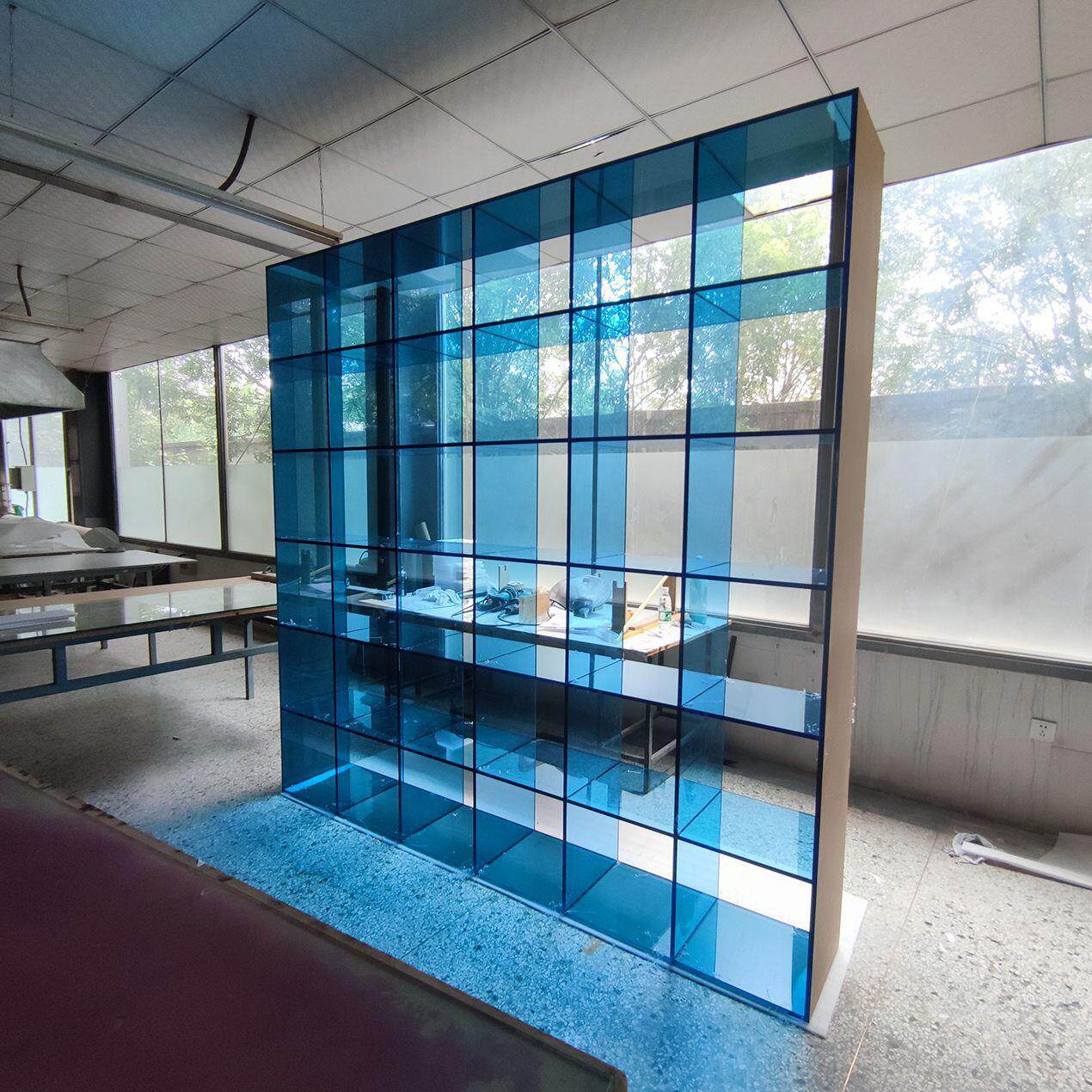 来图定制亚克力蓝色展柜大型有机玻璃多宝阁收纳藏品展示柜厂家