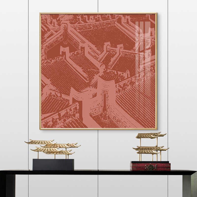 新建筑群奢壁画沙发红色墙中式装饰画玄关古典艺术客厅轻方形挂画