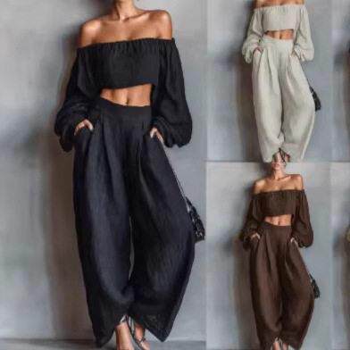 One shoulder short top and wide leg pants two-piece set