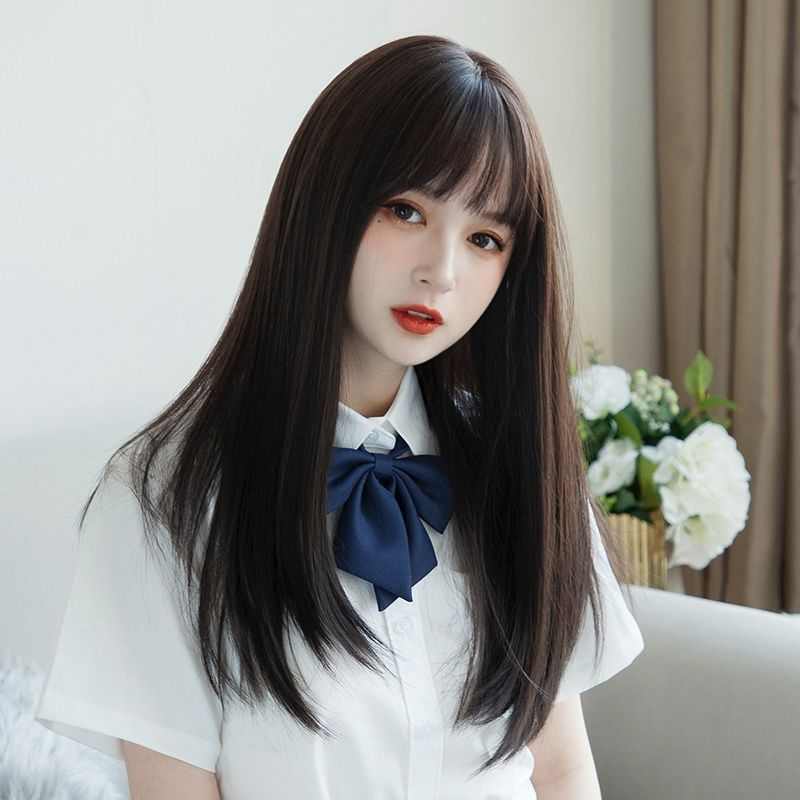 假发女中长发锁骨发空气刘海自然蓬松短发圆脸修脸中长直发全头套