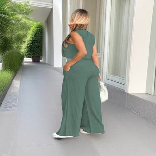 TwoPiece Set Womens Solid Color Tank Top Wide Leg Pants Set