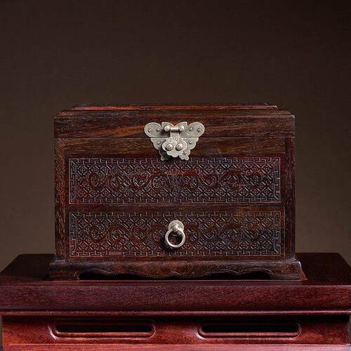 大红酸枝首饰盒双层红木珠宝收纳盒陪嫁三金饰品盒结婚嫁妆带镜子