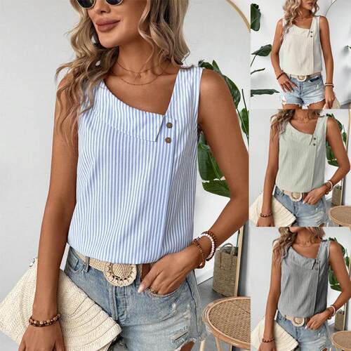 A women's multi-colored striped casual v-neck sleeveless