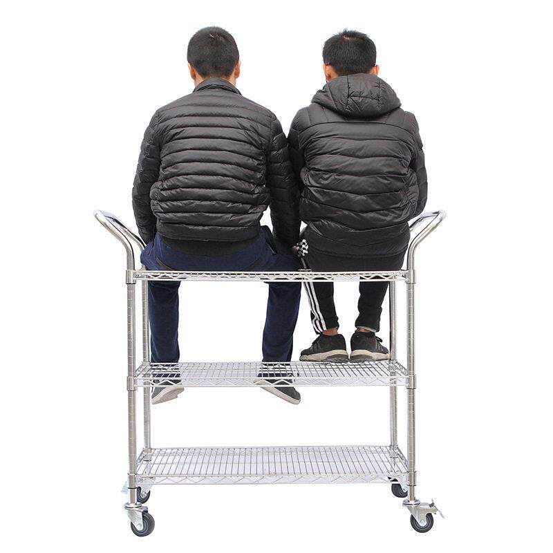 工厂物料车仓库物流运输拣货三层双扶手推车 不锈钢色镀铬铁货车
