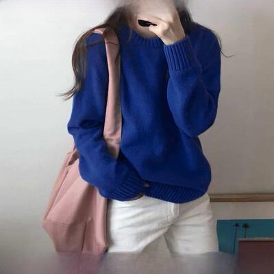 Klein蓝色圆领羊绒针织品女士外套秋冬宽松套头衫慵懒风格羊毛底