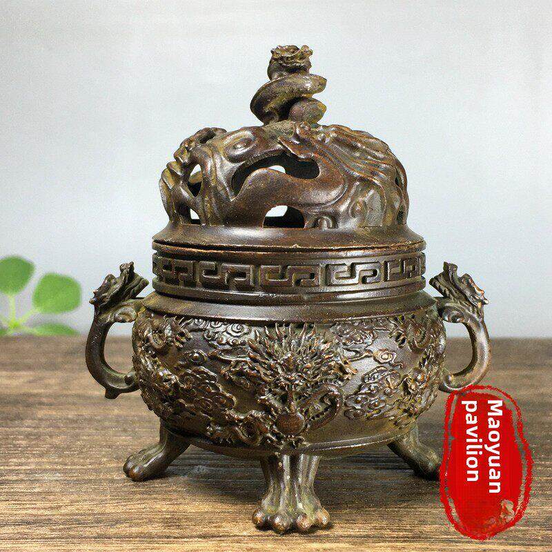 彷古纯铜螭龙双耳三足九龙鼎香薰炉家用茶道桌面小香炉摆件老铜器