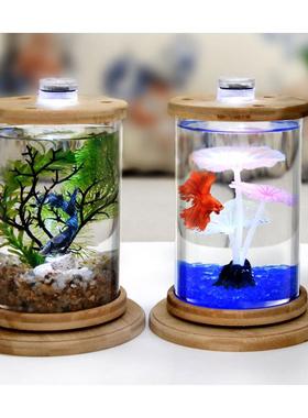旋转圆形鱼缸发光桌面生态瓶带灯玻璃微景观瓶斗鱼展示迷你水族箱