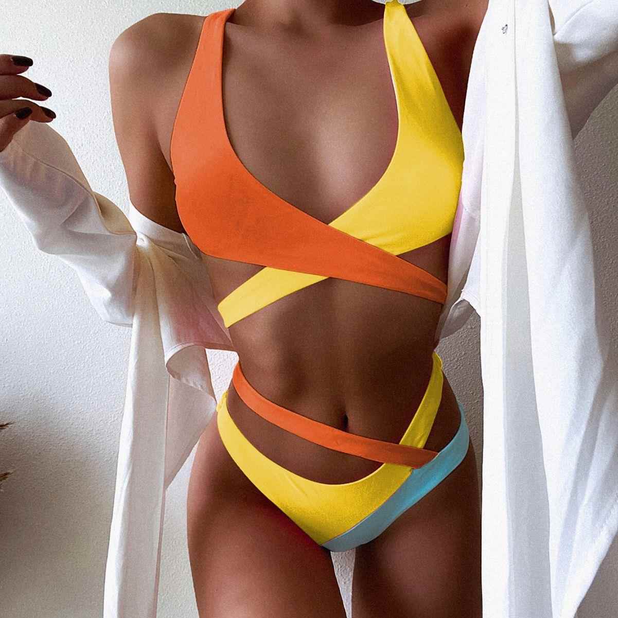 Colorblocked Strap Cross Sexy Multicolor Two-Piece Bikini