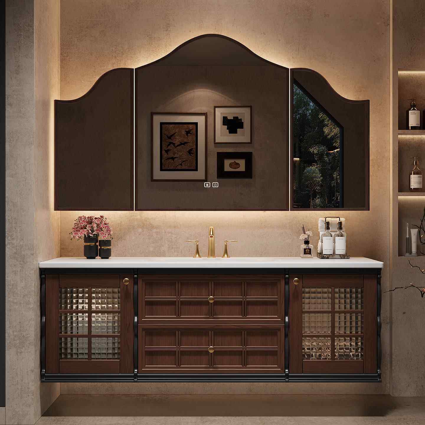 高端定制法式复古浴室柜组合橡木中古风岩板卫生间洗漱台洗手脸盆