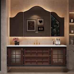 高端定制法式复古浴室柜组合橡木中古风岩板卫生间洗漱台洗手脸盆