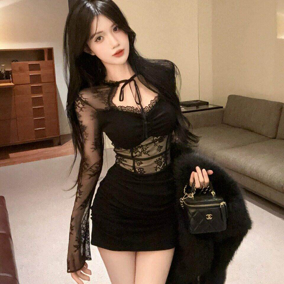 新款御姐风黑色性感低胸网纱拼接辣妹夜店短款包臀长袖打底连衣裙